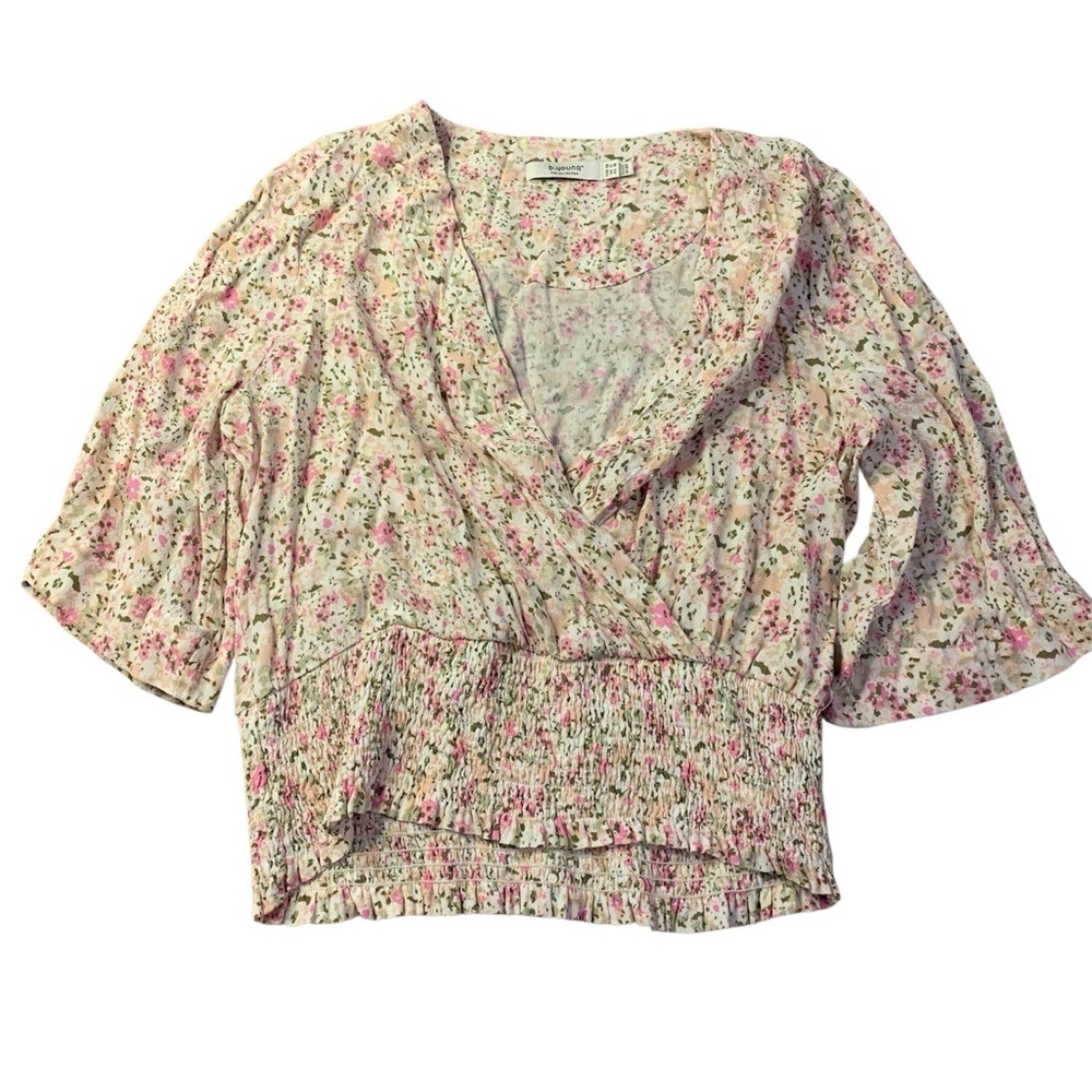 b.young Floral Smocked Waist Surplice Wrap Top - Eco Viscose